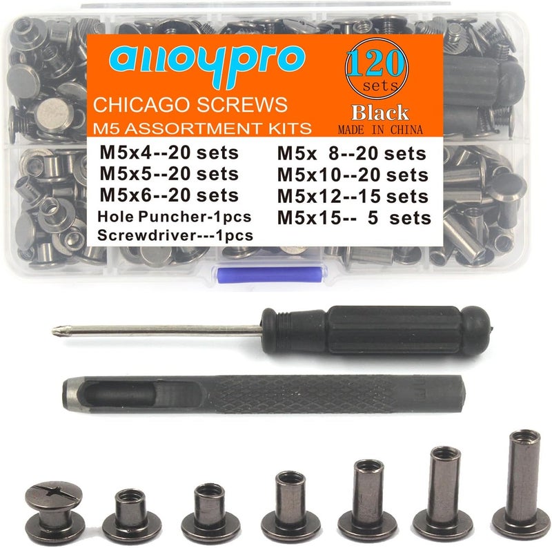 ALLOYPRO 120 Sets Chicago Screws with Hole Puncher and Screwdriver 3/16" Leather Rivets 7 Sizes Assorted Screw Rivet M5 Binding Screws for Decorate and Repair Leather Craft Belt Bookbinding Bag Purse - Image 1